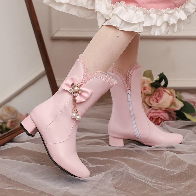 Women's Lace Round Toe Bowtie Rhinestone Block Heel Mid Calf Boots
