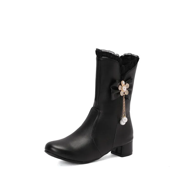 Women's Lace Round Toe Bowtie Rhinestone Block Heel Mid Calf Boots