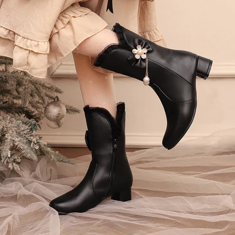Women's Lace Round Toe Bowtie Rhinestone Block Heel Mid Calf Boots