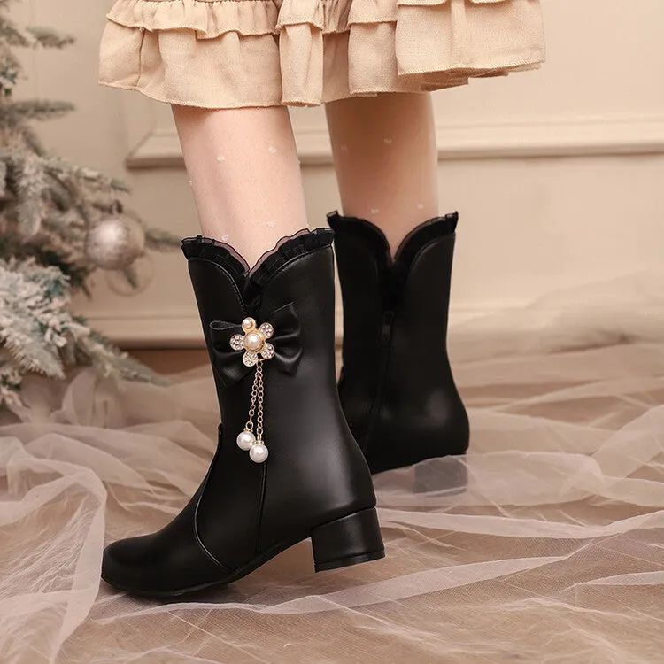 Women's Lace Round Toe Bowtie Rhinestone Block Heel Mid Calf Boots
