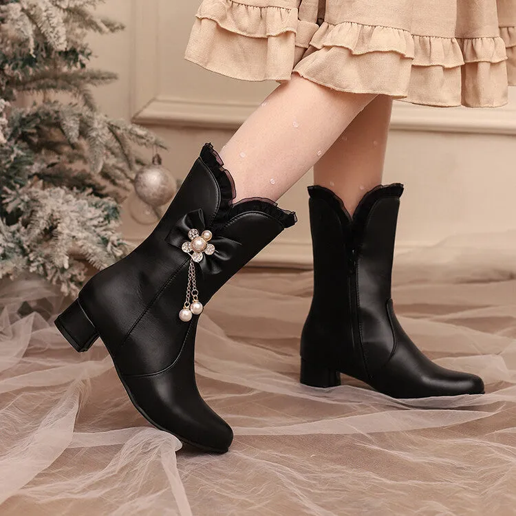Women's Lace Round Toe Bowtie Rhinestone Block Heel Mid Calf Boots