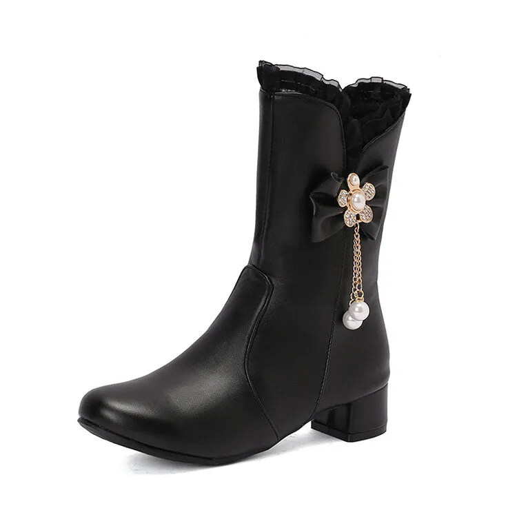 Women's Lace Round Toe Bowtie Rhinestone Block Heel Mid Calf Boots