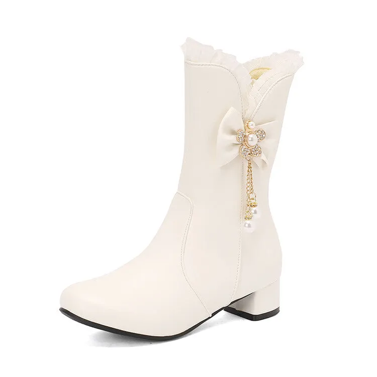 Women's Lace Round Toe Bowtie Rhinestone Block Heel Mid Calf Boots