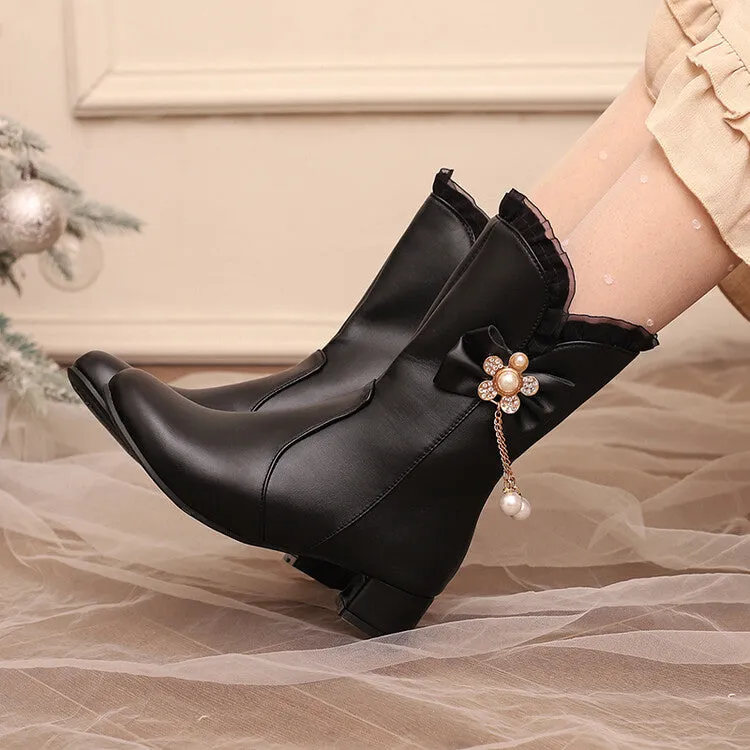 Women's Lace Round Toe Bowtie Rhinestone Block Heel Mid Calf Boots