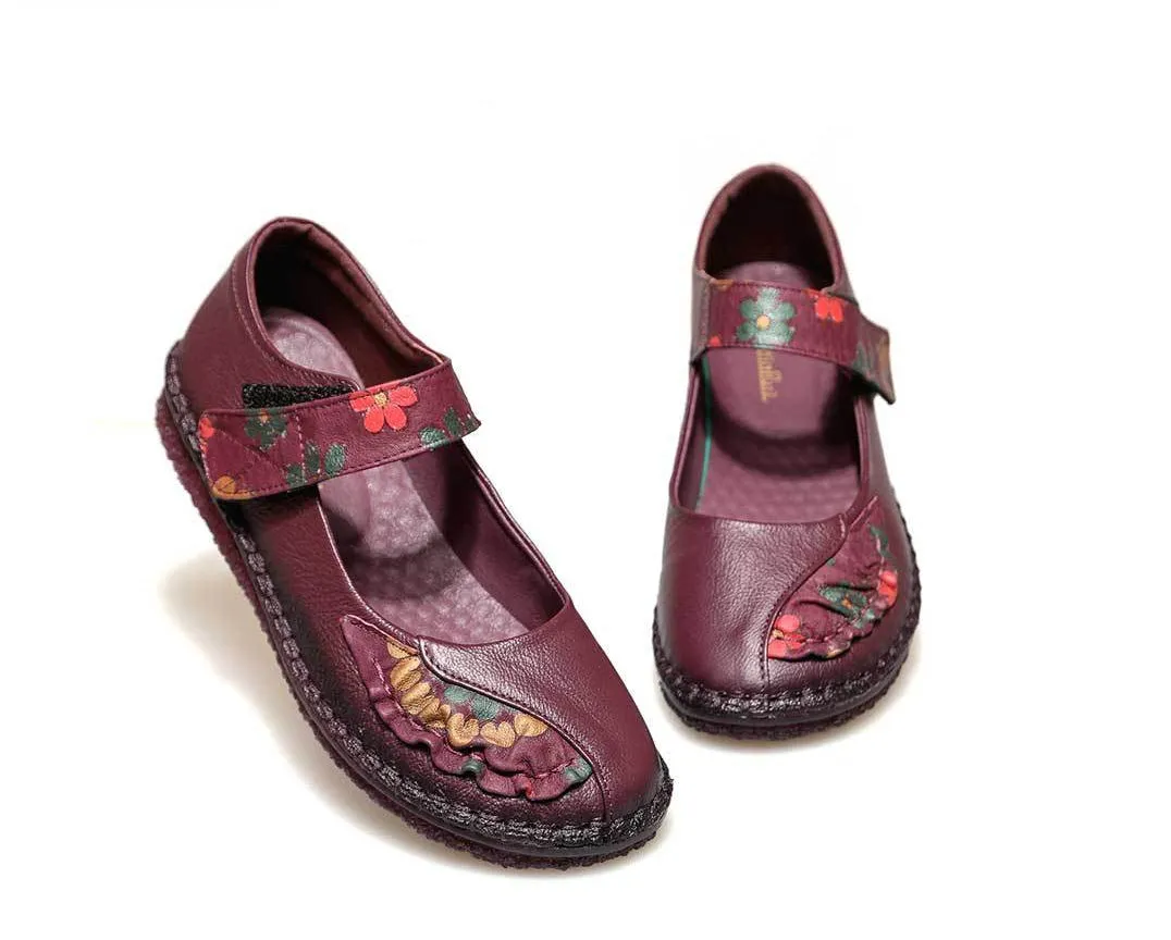 Women's Leather Soft Sole Colorblock Shallow Mouth Flower Flat Shoes