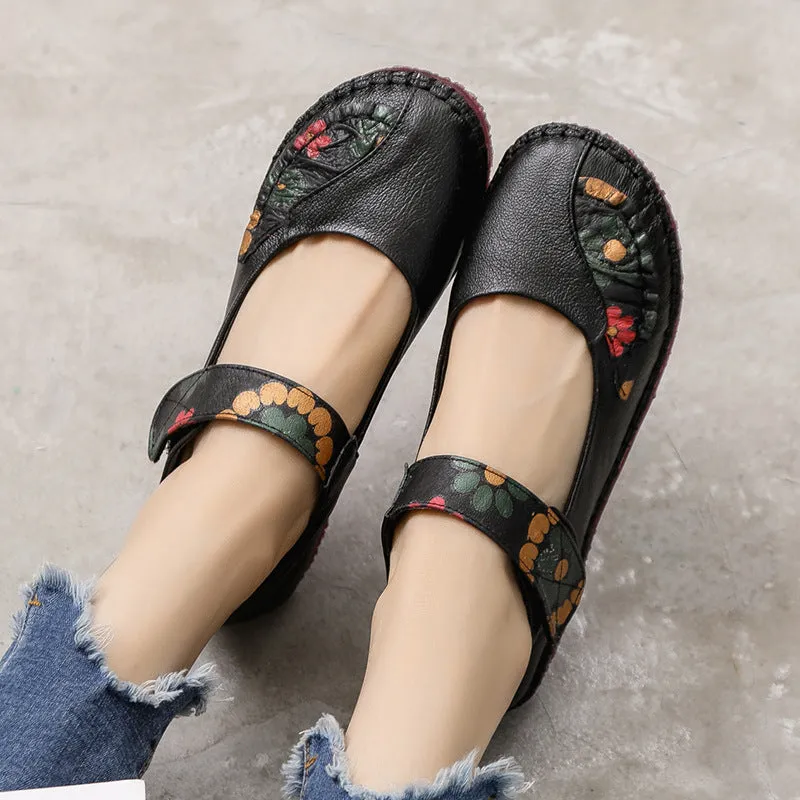 Women's Leather Soft Sole Colorblock Shallow Mouth Flower Flat Shoes