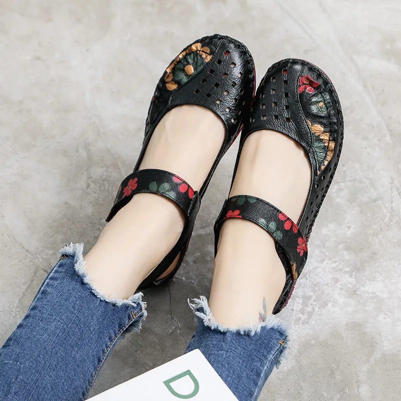 Women's Leather Soft Sole Colorblock Shallow Mouth Flower Flat Shoes
