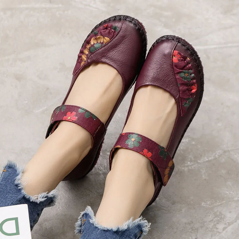 Women's Leather Soft Sole Colorblock Shallow Mouth Flower Flat Shoes