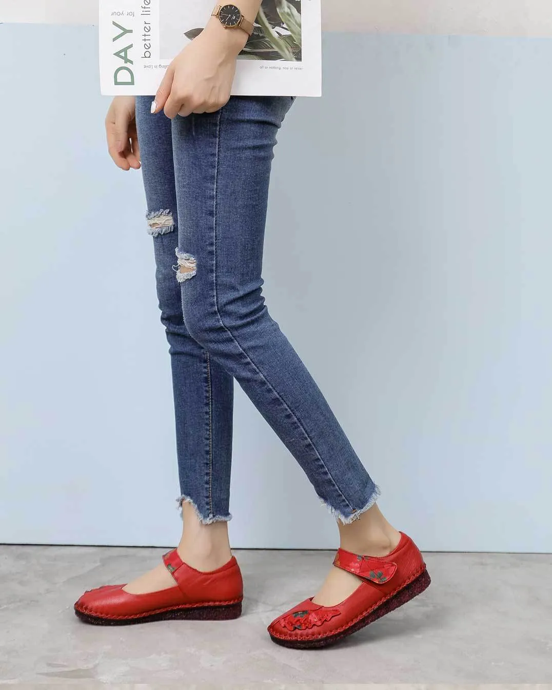Women's Leather Soft Sole Colorblock Shallow Mouth Flower Flat Shoes