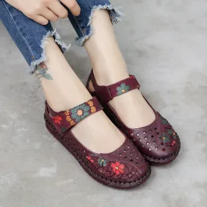 Women's Leather Soft Sole Colorblock Shallow Mouth Flower Flat Shoes