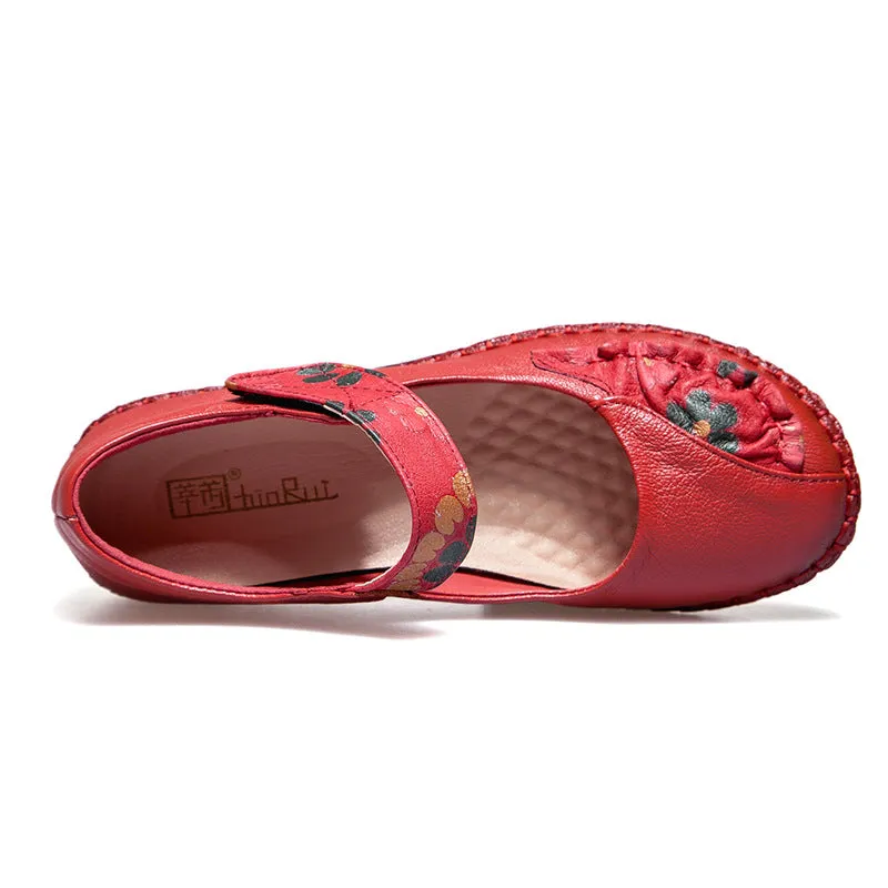 Women's Leather Soft Sole Colorblock Shallow Mouth Flower Flat Shoes