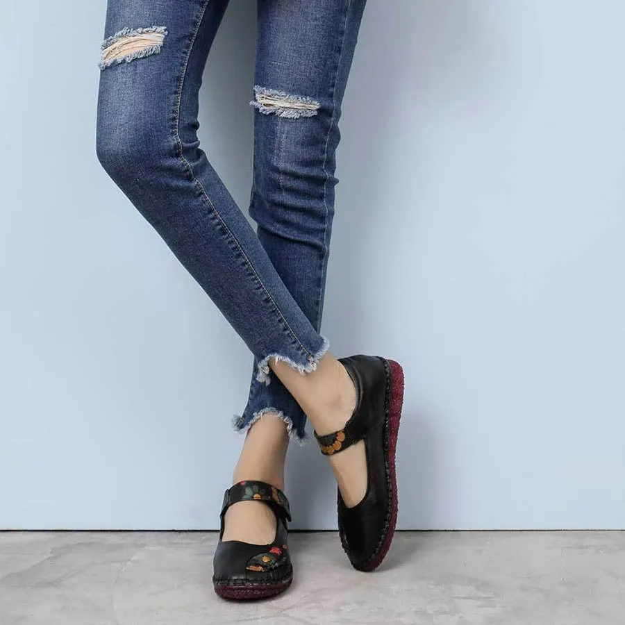 Women's Leather Soft Sole Colorblock Shallow Mouth Flower Flat Shoes