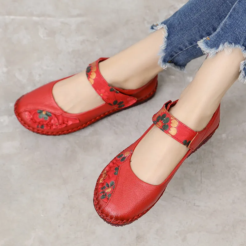 Women's Leather Soft Sole Colorblock Shallow Mouth Flower Flat Shoes
