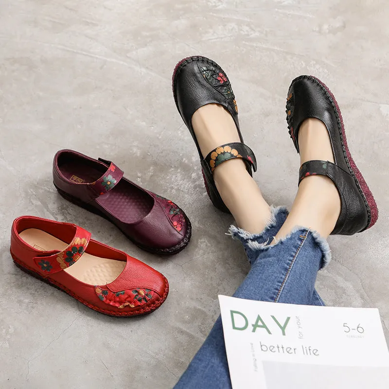 Women's Leather Soft Sole Colorblock Shallow Mouth Flower Flat Shoes