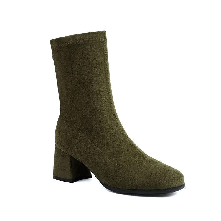 Women's Velvet Square Toe Block Heel Short Boots