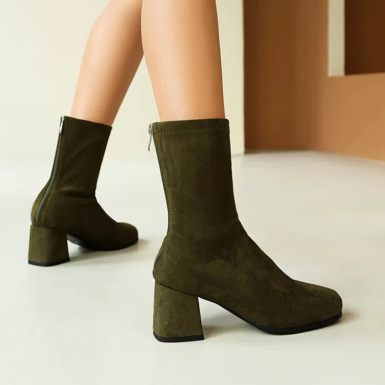 Women's Velvet Square Toe Block Heel Short Boots