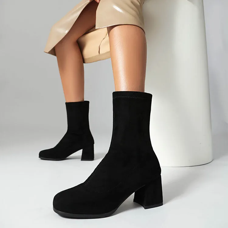 Women's Velvet Square Toe Block Heel Short Boots