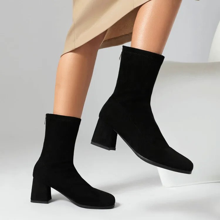 Women's Velvet Square Toe Block Heel Short Boots