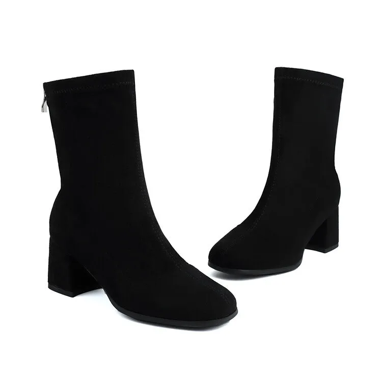 Women's Velvet Square Toe Block Heel Short Boots