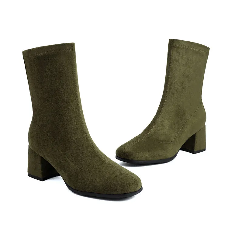 Women's Velvet Square Toe Block Heel Short Boots