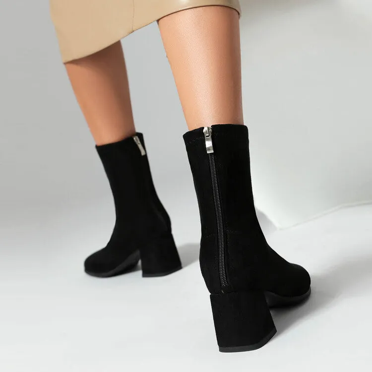 Women's Velvet Square Toe Block Heel Short Boots