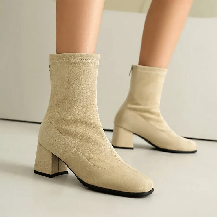 Women's Velvet Square Toe Block Heel Short Boots