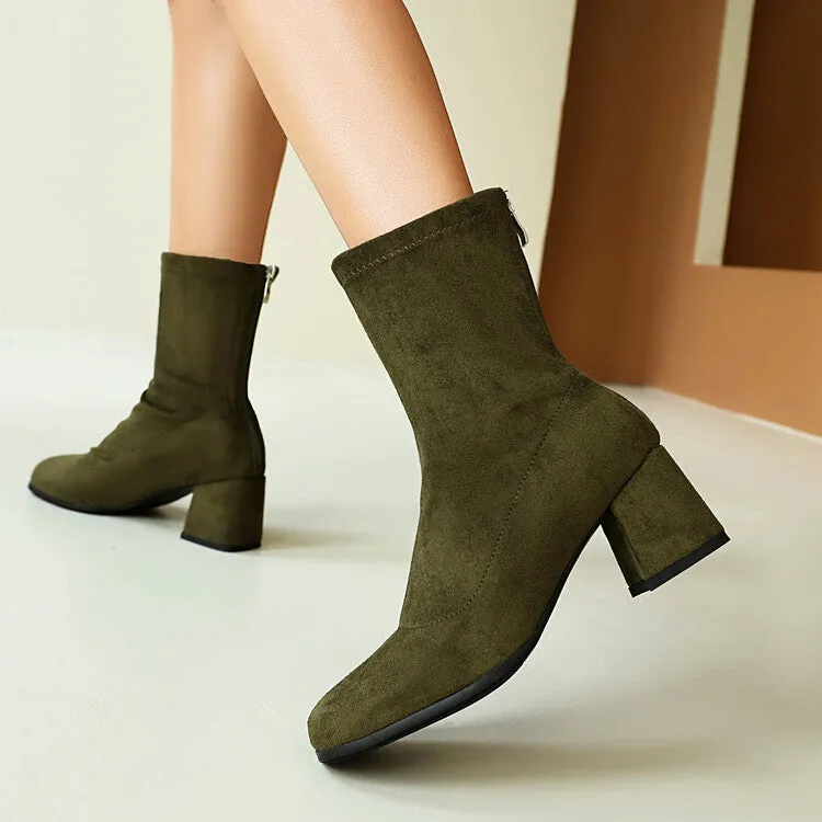 Women's Velvet Square Toe Block Heel Short Boots