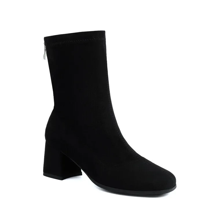 Women's Velvet Square Toe Block Heel Short Boots