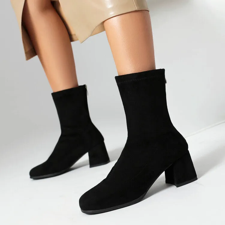 Women's Velvet Square Toe Block Heel Short Boots