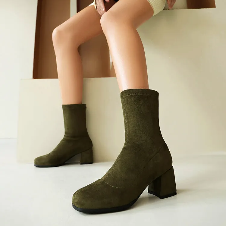 Women's Velvet Square Toe Block Heel Short Boots