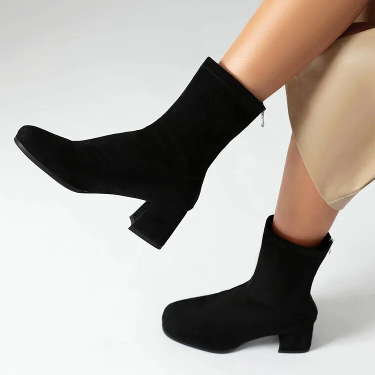Women's Velvet Square Toe Block Heel Short Boots