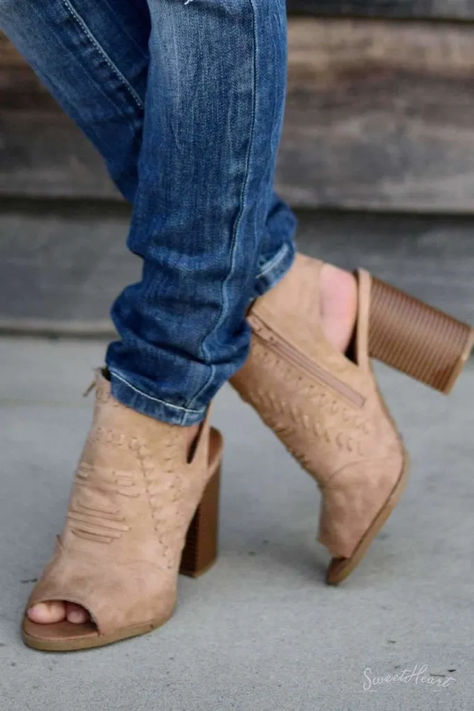 Yours Solely - Chunky Heel Peep Toe Booties Tan