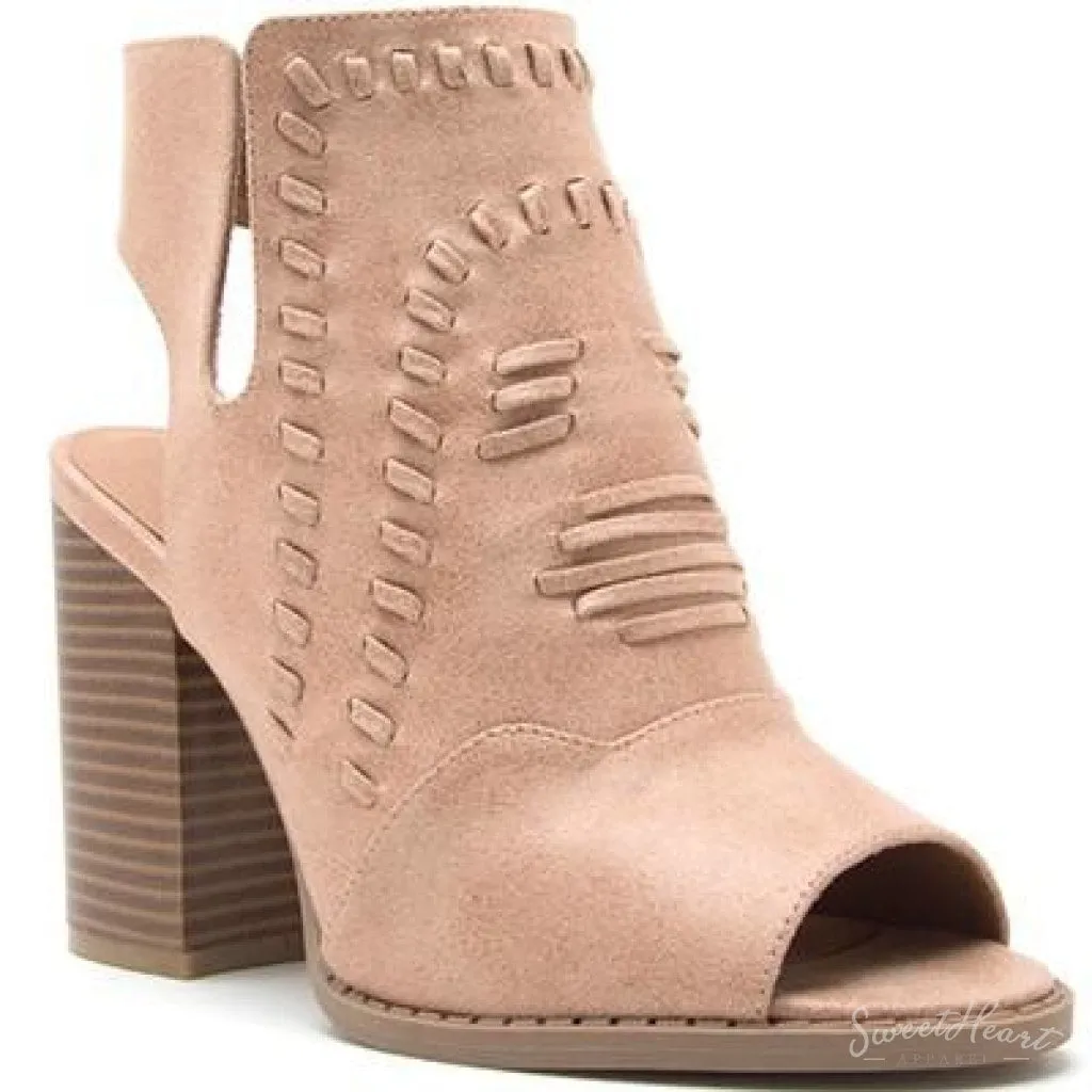 Yours Solely - Chunky Heel Peep Toe Booties Tan