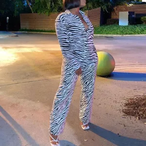 Zebra Print Long Sleeve Blouse & Pants Set